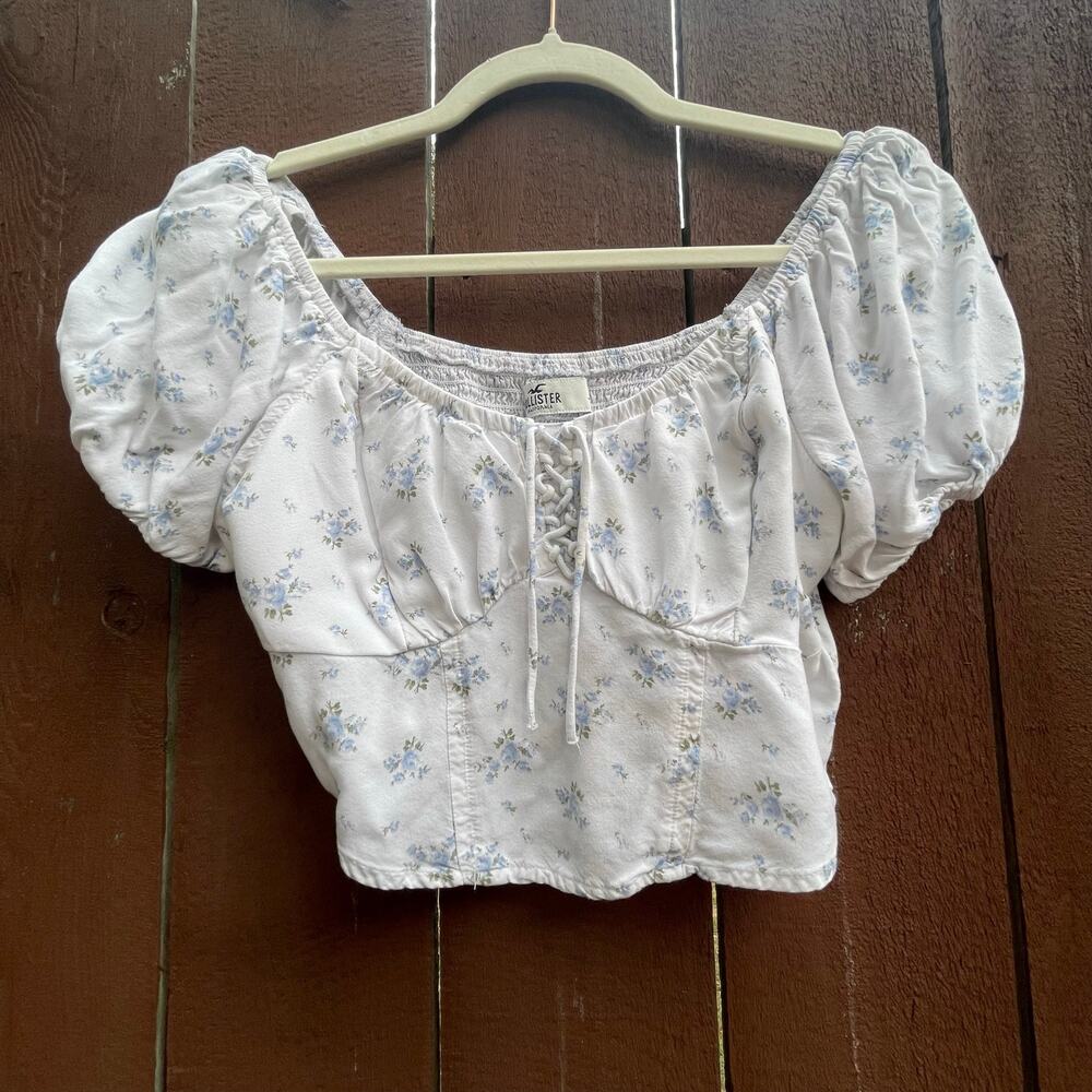 Hollister Blue Floral Corset Crop Top Small Puff Sleeve Coquette Cottagecore